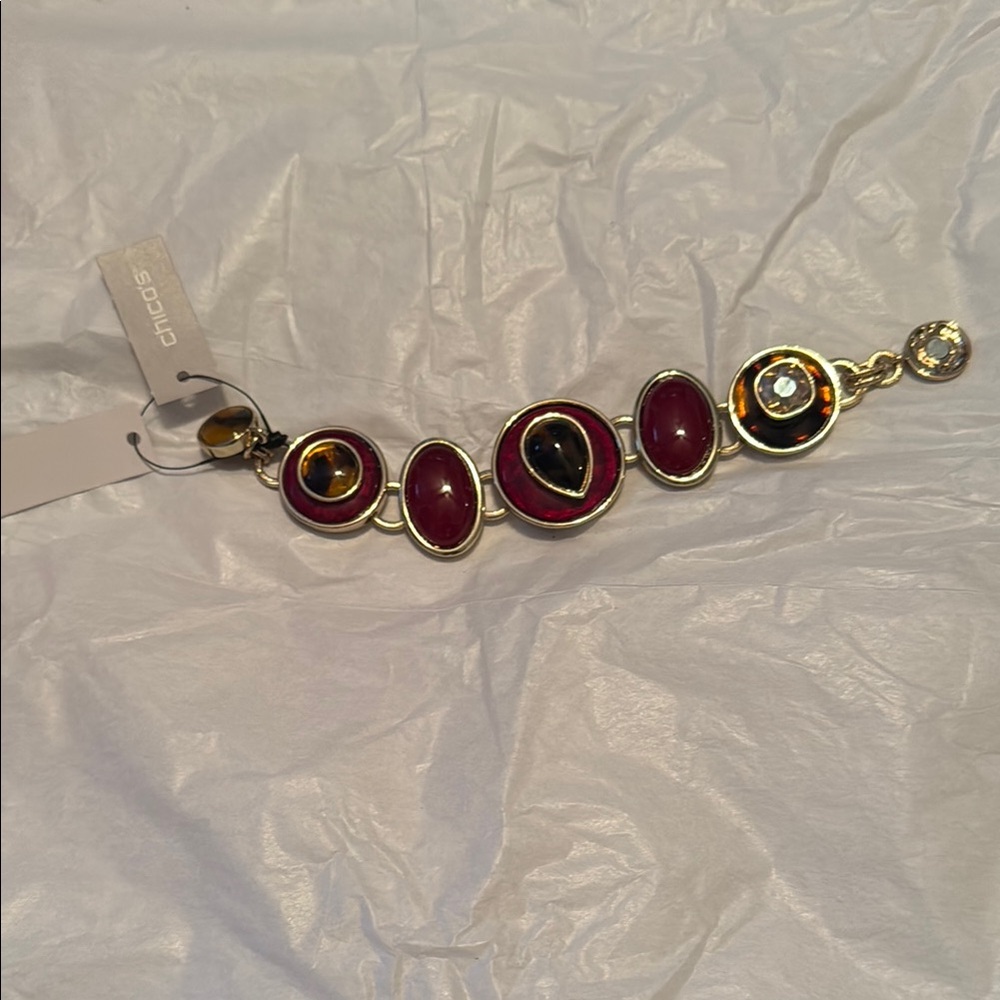 Chico's Gold Bracelet with Deep Red Accents